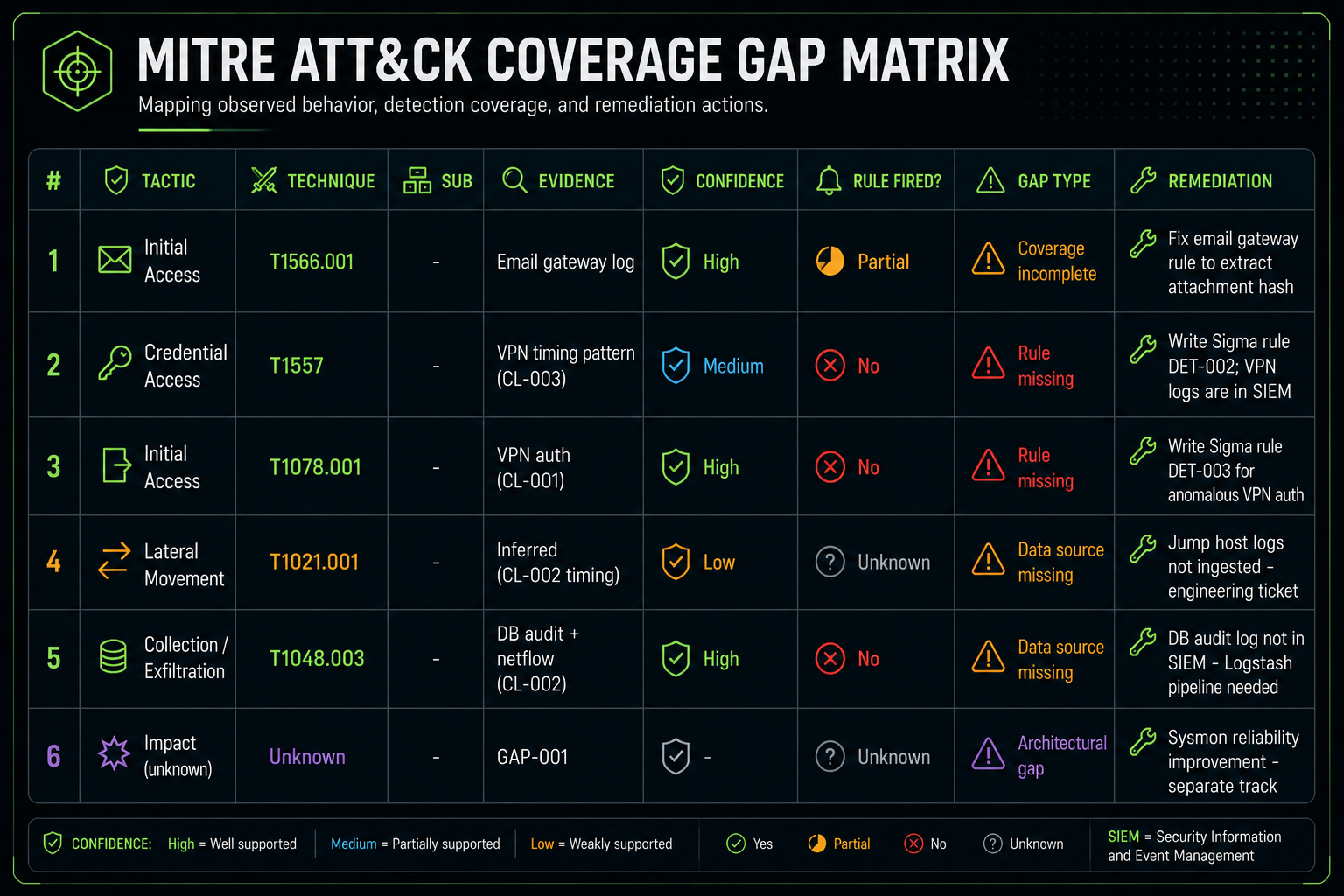 MITRE ATT&amp;CK coverage gap matrix — technique, evidence, confidence, rule fired, gap type, and remediation