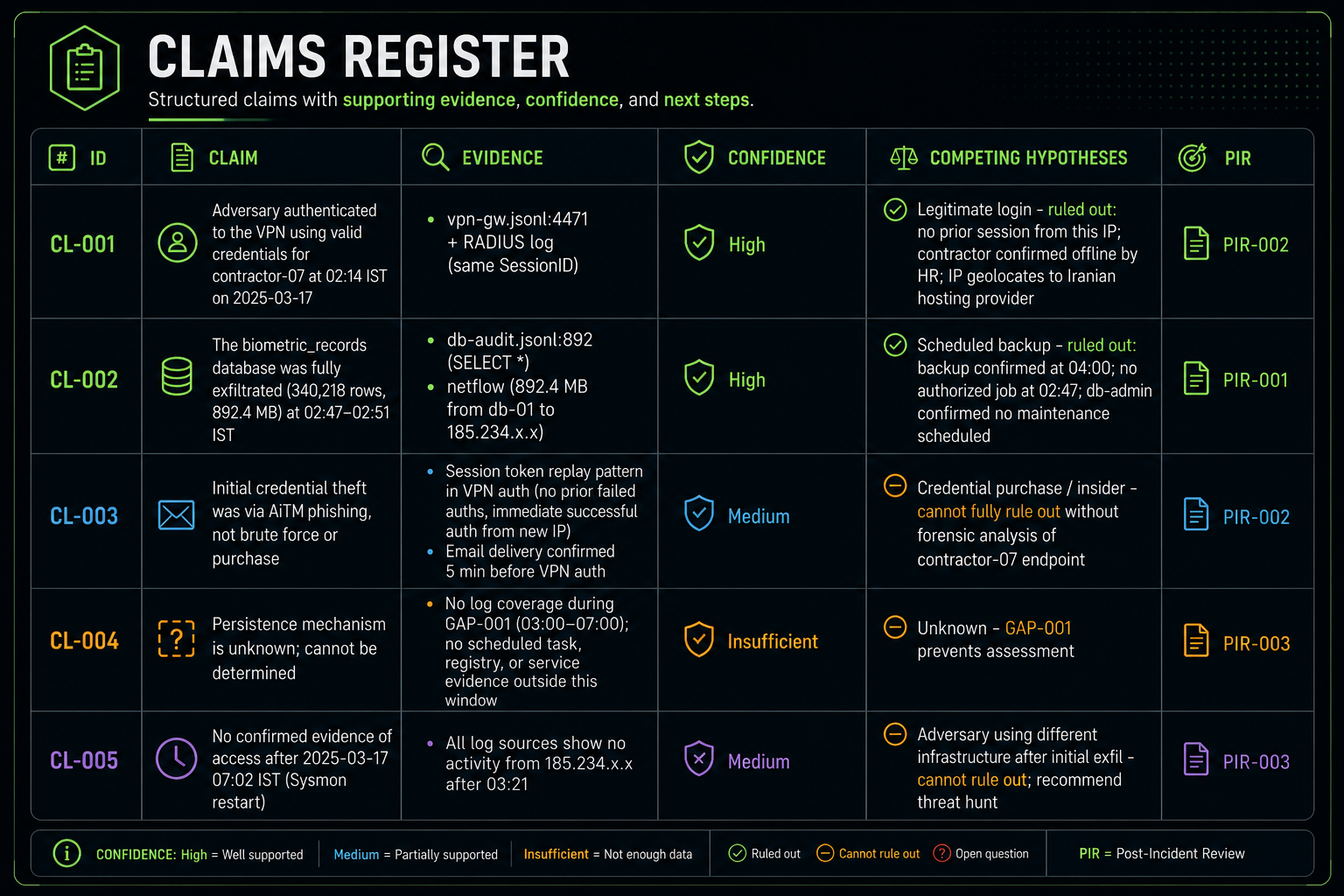 Claims register — structured claims with supporting evidence, confidence, competing hypotheses, and PIR mapping