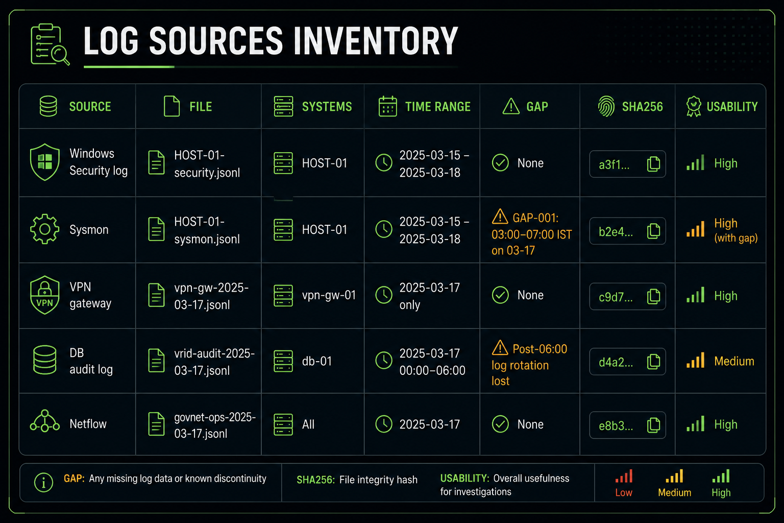 Log sources inventory — source, file, time range, gaps, SHA256, and usability